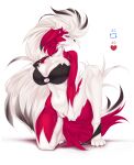  anthro big_breasts bottomless breasts clothed clothing female fluffymonsterart generation_7_pokemon genitals looking_at_viewer lycanroc midnight_lycanroc nintendo pokemon pokemon_(species) pussy red_body red_eyes simple_background solo spread_legs spreading underwear white_background white_body 