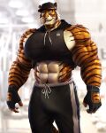  2023 4:5 abs anthro beard biceps big_muscles big_pecs bodily_fluids body_hair bottomwear brown_body brown_fur brown_stripes bulge clothed clothing crop_top digital_media_(artwork) dream_and_nightmare eyebrows facial_hair felid fingerless_gloves fully_clothed fur gloves handwear happy_trail hat headgear headwear hi_res male mammal muscular muscular_anthro muscular_male navel night_(dream_and_nightmare) nipple_outline orange_body orange_fur pantherine pants pecs portrait shirt smile solo striped_body striped_fur stripes sweat tan_body tan_fur teeth three-quarter_portrait tiger topwear 