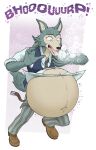  absurd_res anthro beastars belly big_belly bloated bottomwear burping canid canine canis clothing eggo21 fur hi_res legoshi_(beastars) male mammal navel necktie pants solo topwear vest white_body wolf 