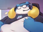  2023 anthro barely_visible_genitalia belly big_belly blue_body blush cute_fangs detailed_background eyewear generation_1_pokemon genitals glasses inside male moobs navel nintendo nipples o-ro overweight overweight_male pokemon pokemon_(species) pokemon_unite snorlax solo 