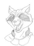  2017 anthro clothed clothing ears_up fangs fur guardians_of_the_galaxy headshot_portrait hi_res looking_at_viewer male mammal marcushunter marvel monochrome one_eye_closed open_mouth portrait procyonid raccoon rocket_raccoon smile smiling_at_viewer solo teeth tongue whiskers wink winking_at_viewer 