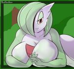  2023 areola big_breasts breasts butt davidsanchan female gardevoir generation_3_pokemon green_areola hi_res humanoid looking_at_viewer lying nintendo not_furry nude pokemon pokemon_(species) red_eyes solo white_body 