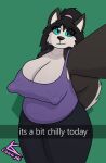  anthro big_breasts big_nipples breasts canid canine canis cleavage clothed clothing covered_nipples domestic_dog english_text erect_nipples female hi_res husky kayla_(lonnyk) leggings legwear long_nipples lonnyk mammal nipples nordic_sled_dog selfie shirt snapchat solo spitz tank_top text topwear 