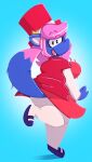  2019 anthro black_clothing blue_body blue_fur blue_tail bottomwear breasts canid canine cape clothing dogfluid female fox fur hair hat headgear headwear hi_res looking_at_viewer mammal markings open_mouth pink_body pink_fur pink_hair pink_tail red_clothing smile solo tail tail_markings tongue two_tone_tail white_body white_clothing white_ears white_fur yellow_clothing 