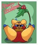  &lt;3 4_eyes anthro arachnid areola areola_slip arthropod big_breasts black_eyes blue_areola blue_sclera border bra breasts brown_body brown_fur camel_toe christmas clothing eyelashes female fur generation_5_pokemon green_background hi_res holidays holly_(plant) joltik junkbag looking_at_viewer lying multi_eye nintendo nipple_outline on_back panties plant pokemon pokemon_(species) red_bra red_clothing red_panties red_underwear short_stack simple_background slightly_chubby solo spread_legs spreading text thick_thighs underwear white_border wide_hips yellow_body yellow_fur 