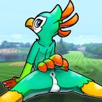  1:1 anus avian balls bird_body_(nintendo_switch_sports) blush butt dipstick_tail_feathers feathers genitals golf_course hi_res looking_at_viewer looking_back male nintendo nintendo_switch_sports nude otterjunk perineum solo solo_focus spread_butt spreading tail_feathers 