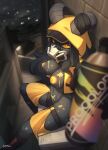  absurd_res anthro black_body black_fur black_hair bodypaint bovid caprine clothed clothing female fur hair hi_res horn mammal mask partially_clothed solo spray_can yellow_eyes zinfyu 