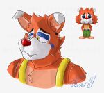  2023 absurd_res animatronic anthro barefoot black_eyes blue_eyelids bottomwear canid canine circus_foxy_(fnaf) clothed clothing clown clown_makeup clown_nose detailed digital_media_(artwork) facial_markings fangs feet five_nights_at_freddy&#039;s fox foxy_(fnaf) frown frowning_at_viewer funko_pop! fur glistening glistening_body glistening_eyelids glistening_eyes glistening_fur glistening_neck glistening_nose glistening_shoulder glistening_shoulders half-closed_eyes hand_in_pocket head_markings hi_res looking_aside looking_at_viewer looking_away looking_down machine male mammal markings multicolored_body multicolored_ears multicolored_fur narrowed_eyes orange_body orange_ears orange_fur overall_pants overalls pants pockets portrait red_nose robot sad sad_eyes scottgames shadow sharp_teeth shirtless signature simple_background solo standing startcylinder straps tear_(marking) teeth toony topless topless_anthro topless_male toy two_tone_body two_tone_fur white_background white_ears yellow_eyes 