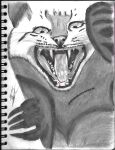  absurd_res animal_humanoid anthro black_and_white black_body black_fur blood bodily_fluids breasts claws fangs felid feline female fur hi_res humanoid lefcandy looking_at_viewer lynx mammal monochrome open_mouth scar solo teeth tongue traditional_media_(artwork) 