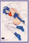  absurdres blue_hair cuffs elbow_gloves eyepatch gloves green_eyes handcuffs highres ikkitousen lying maid_headdress nude ryomou_shimei scan shiozaki_yuji solo thighhighs white_legwear 