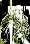  amputee claymore claymore_(sword) frown holding holding_sword holding_weapon irene_(claymore) koujakurou_(artist) long_hair pointy_ears shadow solo strap sword weapon 