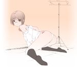  ass brown_eyes brown_hair feet flute glasses instrument kneeling music_stand no_pants off_shoulder ooji original panties school_uniform short_hair socks solo sweatdrop treble_clef underwear white_panties 