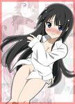  akiyama_mio black_hair blue_eyes blush covering dress_shirt embarrassed face groin ikari_manatsu k-on! long_hair multiple_girls naked_shirt no_bra no_panties shirt tainaka_ritsu tears 