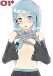  aqua_eyes bad_id bad_pixiv_id blue_hair blush breasts detached_sleeves haekake hatsune_miku headphones headset long_hair necktie shirt_lift skirt small_breasts solo twintails underboob vocaloid 