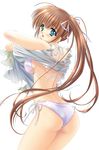  back bikini blue_eyes blush brown_hair carnelian copyright_request from_behind highres long_hair looking_back shirt_lift solo swimsuit third-party_edit 