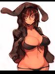  bikini breasts brown_hair cleavage darth_wooser hands_in_pockets hood hoodie jacket large_breasts lowleg lowleg_bikini meme50 original red_eyes solo swimsuit 