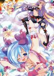  asymmetrical_clothes bare_shoulders blue_eyes blue_hair blush boots breasts cleavage copyright_request fang flower gloves large_breasts long_hair midriff multiple_girls navel nipples open_mouth ribbon riki_(riki2) scan 