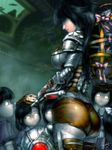  3886 armor ass big_sister bioshock bioshock_2 black_hair blood bodysuit breasts fish glowing glowing_eyes grey_skin hair_over_eyes helmet large_breasts little_sister ribbon s_zenith_lee smile steam steampunk underwater 