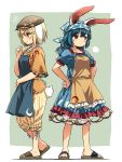  +++ 2girls animal_ears apron bandanna blonde_hair bloomers blue_dress blue_hair blush brown_hat bunny_ears bunny_tail circle collarbone commentary_request crescent dress eyebrows_visible_through_hair flat_cap floppy_ears frills full_body hair_between_eyes hands_on_hips hat highres multiple_girls orange_shirt pants red_eyes ringo_(touhou) sandals see-through seiran_(touhou) shirt short_hair short_sleeves shorts simple_background smile star tail touhou underwear yellow_pants yudepii 