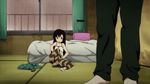  1girl animated animated_gif bed black_hair dressing kuhouin_murasaki kure-nai long_hair lowres screencap striped 