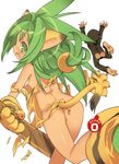  animal_ears animal_print ass blade_(galaxist) boomerang cat_ears cham_cham fang gloves green_eyes green_hair highres long_hair looking_back monkey no_panties open_mouth paku_paku paw_gloves paw_shoes paws queen's_gate samurai_spirits shoes snk tail tears tiger_print torn_clothes weapon 