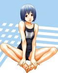  aoi_hitori bare_shoulders barefoot blue_hair breasts butterfly_sitting cameltoe covered_nipples feet hands_on_feet highres legs lips one-piece_swimsuit original red_eyes school_swimsuit short_hair sitting small_breasts solo swimsuit tight 