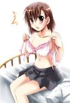  bed blush bow bow_bra bra brown_eyes brown_hair dressing hair_ornament hairclip highres lingerie miniskirt misaka_mikoto navel open_bra open_clothes open_skirt otoki_raku pink_bra pleated_skirt short_hair sitting skirt solo surprised to_aru_kagaku_no_railgun to_aru_majutsu_no_index topless underwear 