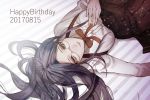  1girl 2018 black_skirt blue_hair brown_eyes brown_ribbon danganronpa dated dress_shirt floating_hair glasses happy_birthday high-waist_skirt long_hair long_sleeves lying neck_ribbon new_danganronpa_v3 on_back pleated_skirt ribbon rimless_eyewear sakuyu shirogane_tsumugi shirt skirt solo striped striped_background suspender_skirt suspenders very_long_hair white_shirt 