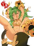  animal_ears animal_print blade_(galaxist) cat_ears cham_cham closed_eyes fang gloves green_eyes green_hair highres long_hair monkey navel no_panties open_mouth paku_paku paw_gloves paw_shoes paws queen's_gate samurai_spirits shoes snk sweat tail tears tiger_print torn_clothes 