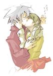  1girl artist_request blush closed_eyes couple face-to-face from_side green_hair head_tilt hetero hug jacket kiss long_sleeves looking_at_another maka_albarn profile silver_hair simple_background soul_eater soul_eater_(character) upper_body white_background 