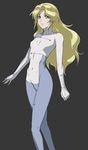  blonde_hair blue_eyes bodysuit cameltoe covered_nipples deianeira flat_chest heroic_age highres long_hair non-web_source simple_background skin_tight solo turtleneck zundarepon 