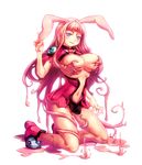  animal_ears bare_legs blue_eyes blush breast_grab breasts bunny_ears cleavage goo_girl grabbing large_breasts long_hair melona monster_girl pink_hair queen's_blade revealing_clothes skindentation slime solo z4 