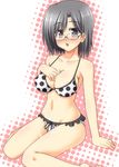  bikini black_eyes black_hair breasts frills glasses highres konori_mii large_breasts lask milk polka_dot polka_dot_bikini polka_dot_swimsuit short_hair solo swimsuit to_aru_kagaku_no_railgun to_aru_majutsu_no_index 