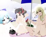  &gt;:) :d barefoot beach blonde_hair bloom braid breasts chen cirno day feet flat_chest hakurei_reimu highres kirisame_marisa lotion md5_mismatch medium_breasts multiple_girls nipples nude oil open_mouth pale_skin parasol pussy shigeruoomi small_breasts smile smug suggestive_fluid touhou umbrella uncensored v-shaped_eyebrows yakumo_yukari 