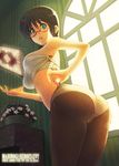  aqua_eyes ass brown_hair cloverpeia evy_(mabinogi) glasses highres lips mabinogi mabinogi_heroes panties panties_under_pantyhose pantyhose pantyhose_pull short_hair solo underwear 