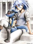  arlon_(pokemon) blue_hair blush gen_4_pokemon highres karabiner lucario male_focus multiple_boys pokemon pokemon_(creature) yaoi 