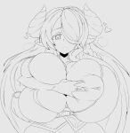  &lt;3 &lt;3_eyes absurd_res areola big_breasts breasts draph female granblue_fantasy hi_res holding_breast horn horned_humanoid huge_breasts humanoid humanoid_pointy_ears hyper hyper_breasts monochrome narmaya nipples one_eye_obstructed simple_background smile solo zozo_draws 