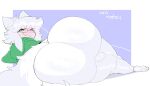  anthro backsack balls big_butt blush bottomless butt clothed clothing dragon eyewear fur furred_dragon genitals glasses hair heterochromia hi_res hoodie huge_butt looking_at_viewer looking_back lying male on_side smile solo thick_thighs tian_(ricederg) topwear uromatsu white_body white_hair 