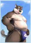  anthro asian_clothing balls barely_visible_balls barely_visible_genitalia belly biceps blue_border border bulge canid canine canis clothing domestic_dog east_asian_clothing eyebrows fundoshi fur genitals gigasaddle grey_body grey_fur japanese_clothing lifewonders male mammal moritaka musclegut navel nipples pecs pubes scar solo thick_eyebrows tokyo_afterschool_summoners underwear 