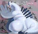  2023 ambiguous_gender anthro belly bellylliumu big_belly blush blush_lines bodily_fluids gas generation_2_pokemon hi_res japanese_text legendary_pokemon looking_at_viewer lugia morbidly_obese morbidly_obese_ambiguous morbidly_obese_anthro motion_lines nintendo obese obese_ambiguous obese_anthro open_mouth overweight overweight_ambiguous overweight_anthro pokemon pokemon_(species) shocked_expression solo standing sweat text weight_gain 