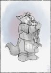  2023 anthro apron bodily_fluids bottomwear canid canine clothing disney duke_weaselton duo embrace eyes_closed fox gideon_grey hi_res hug male mammal pants r4c00n sad shirt slightly_chubby tears topwear zootopia 