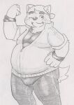  anthro bandanna belly blush bulge canid canine canis domestic_dog eyebrows flexing flexing_bicep hi_res kerchief lifewonders live_a_hero male mammal mokdai one_eye_closed overweight solo tabasukotrr thick_eyebrows traditional_media_(artwork) wink 