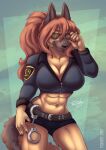  2023 5_fingers abs anthro athletic athletic_anthro athletic_female belt big_breasts black_nose bottomwear breasts brown_body brown_fur brown_hair canid canine canis claws cleavage clothed clothing cuff_(restraint) domestic_dog eyewear female finger_claws fingers fur german_shepherd hair handcuffs herding_dog hi_res hotpants mammal metal_cuffs navel pastoral_dog police_uniform restraints shorts signature smile solo sunglasses toxi_de_vyne_(artist) uniform 