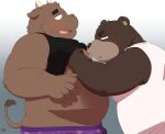  2023 anthro bear belly big_belly blush bovid bovine brown_body bulge cattle clothed clothing clothing_lift duo hi_res kemono male male/male mammal moobs nipples overweight overweight_male penta002 shirt shirt_lift topwear underwear 