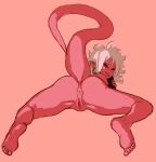  alien alien_humanoid anus bedroom_eyes black_sclera blush blush_lines butt colored_sketch dragon_ball ear_piercing ear_ring feet female genitals hair hi_res humanoid humanoid_pointy_ears looking_at_viewer looking_back lying majin majin_android_21 mostly_nude narrowed_eyes on_front pears_(artist) piercing pink_background pink_theme plantigrade presenting presenting_anus presenting_hindquarters presenting_pussy pussy raised_tail red_eyes ring_piercing seductive simple_background sketch soles solo spread_legs spreading tail tongue tongue_out white_hair 