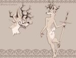  2021 anthro antlers artist_name butt deer femurslemurs fur holding_object holding_sword holding_weapon horn male mammal melee_weapon nude silly_face simple_background spots spotted_body spotted_fur sword weapon 