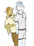  2017 anthro anthrofied bottomwear clothed clothing dragon duo ear_piercing ear_ring fully_clothed fuze hi_res icewing_(wof) male male/male membrane_(anatomy) membranous_wings pants piercing qibli_(wof) ring_piercing sandwing_(wof) scalie shirt shocked_expression shorts simple_background startled t-shirt topwear white_background wings wings_of_fire winter_(wof) 