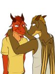 2017 anthro anthrofied caressing caressing_face clothed clothing dragon duo eye_contact flame_(wof) fully_clothed fuze hi_res looking_at_another male male/male membrane_(anatomy) membranous_wings mudwing_(wof) scalie shirt simple_background skywing_(wof) t-shirt tank_top topwear umber_(wof) white_background wings wings_of_fire 