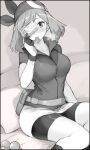  1girl bike_shorts bike_shorts_under_shorts blush breasts card commentary condom condom_wrapper covering_one_eye fanny_pack gloves greyscale hand_up headband holding holding_card id_card indoors large_breasts looking_at_viewer may_(pokemon) medium_hair mobu monochrome mouth_hold on_bed pillow poke_ball pokemon pokemon_(anime) pokemon_rse_(anime) shirt short_shorts shorts sitting sleeveless sleeveless_shirt smile solo 
