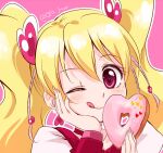  1girl ;q blonde_hair choker cure_peach doughnut earrings food fresh_precure! hair_ornament hand_on_own_cheek hand_on_own_face heart heart-shaped_food heart_earrings heart_hair_ornament jewelry kotobuki_oto long_hair momozono_love one_eye_closed pink_choker pink_eyes precure smile solo tongue tongue_out twintails twintails_day 